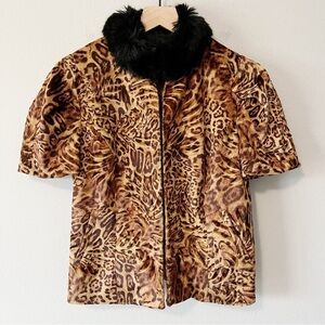 ETCETERA Animal Print Short Puff Sleeve Jacket w/ Faux Fur Collar Size 6 EUC